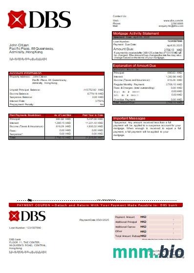Hong Kong Bank DBS wyciąg z kredytu hipotecznego szablon Word i PDF